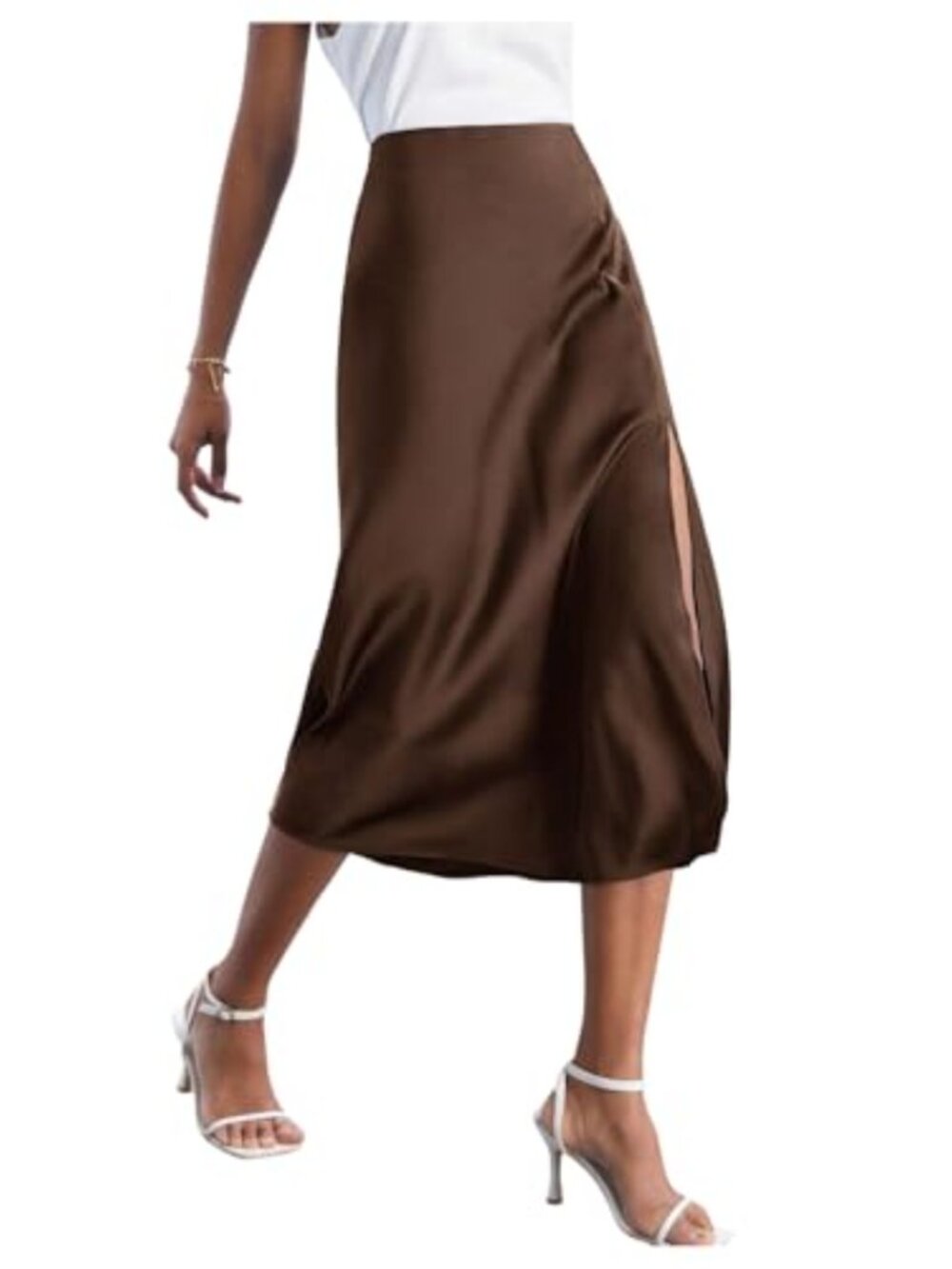 Elegant High Waisted Satin Midi Skirt Side Slit Flared